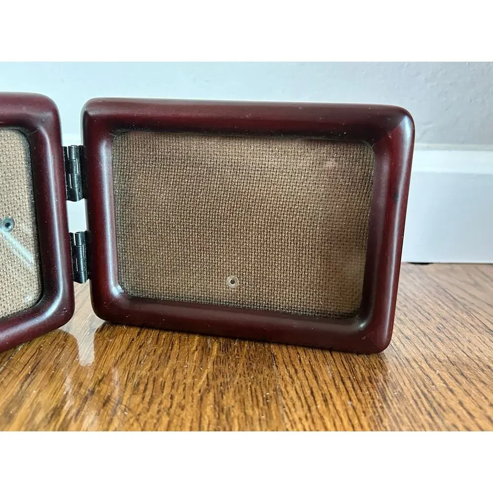 Vintage Burgundy Wood Folding Double Photo Frame Burlap 3.5x5
